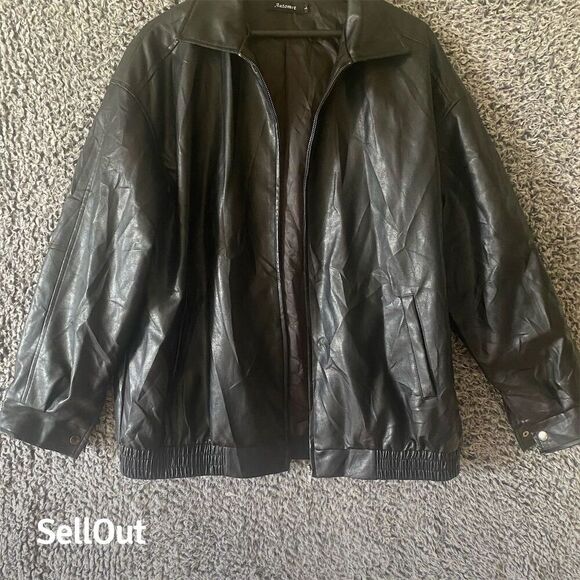 BSA Men's Vintage Black faux Leather Bomber Jacket Size L - Picture 5 of 10